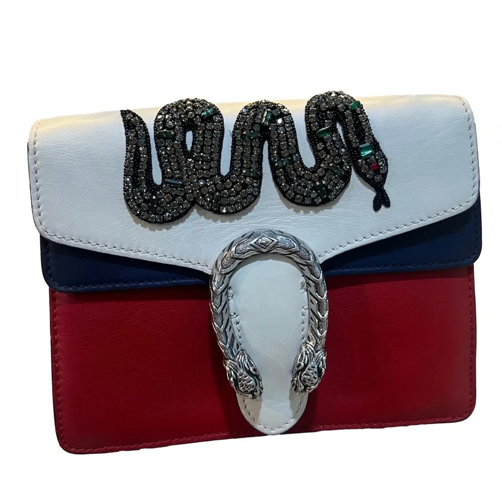 GUCCI Calfskin Crystal Snake Embroidered Dionysus Shoulder Bag White Red Blue - Picture 6 of 16